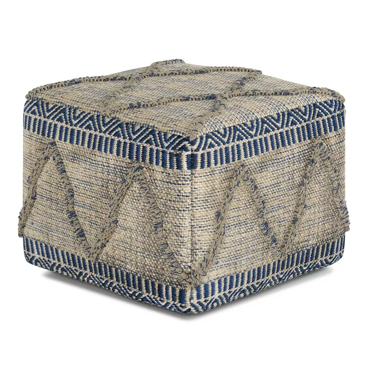 Sweeney Boho Square Pouf in Blue, Natural Handloom Woven Pattern