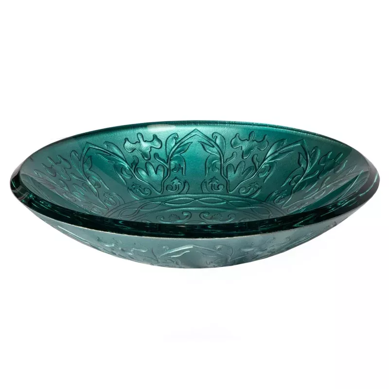 Teal Glass Vessel Sink With Embossed Pattern