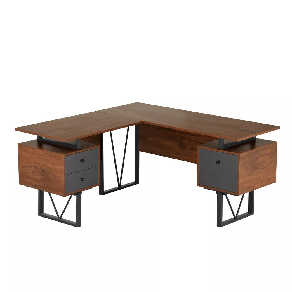 Techni Mobili Reversible L-Shape Computer Desk, Drawers and File Cabinet, Walnut