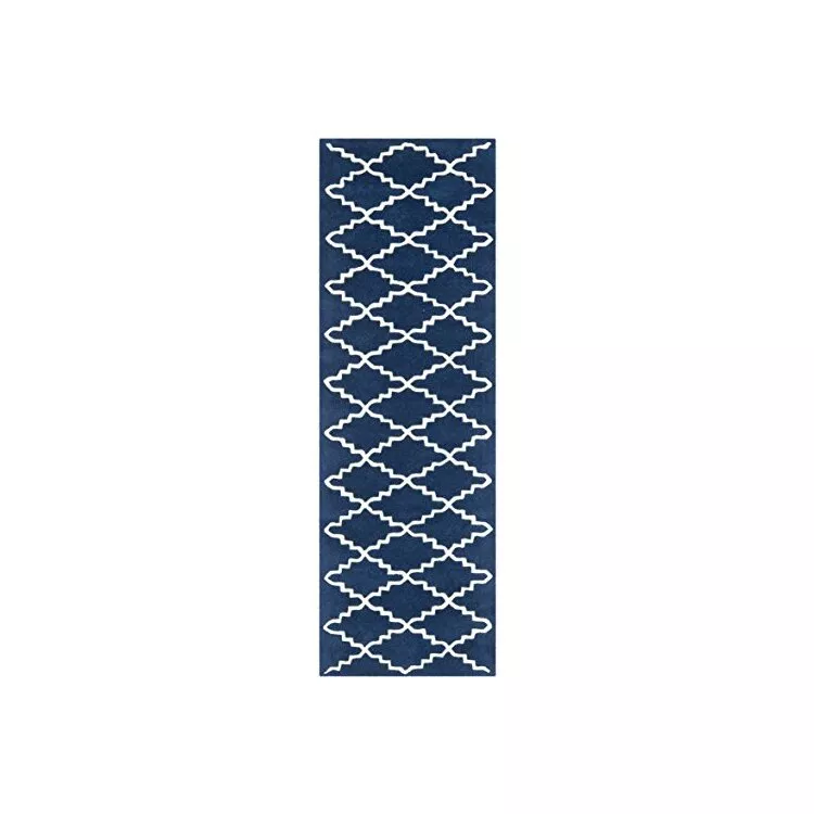 Transitional Dark Blue/Ivory Wool Pile Rug Runner 9'L x 2'3W
