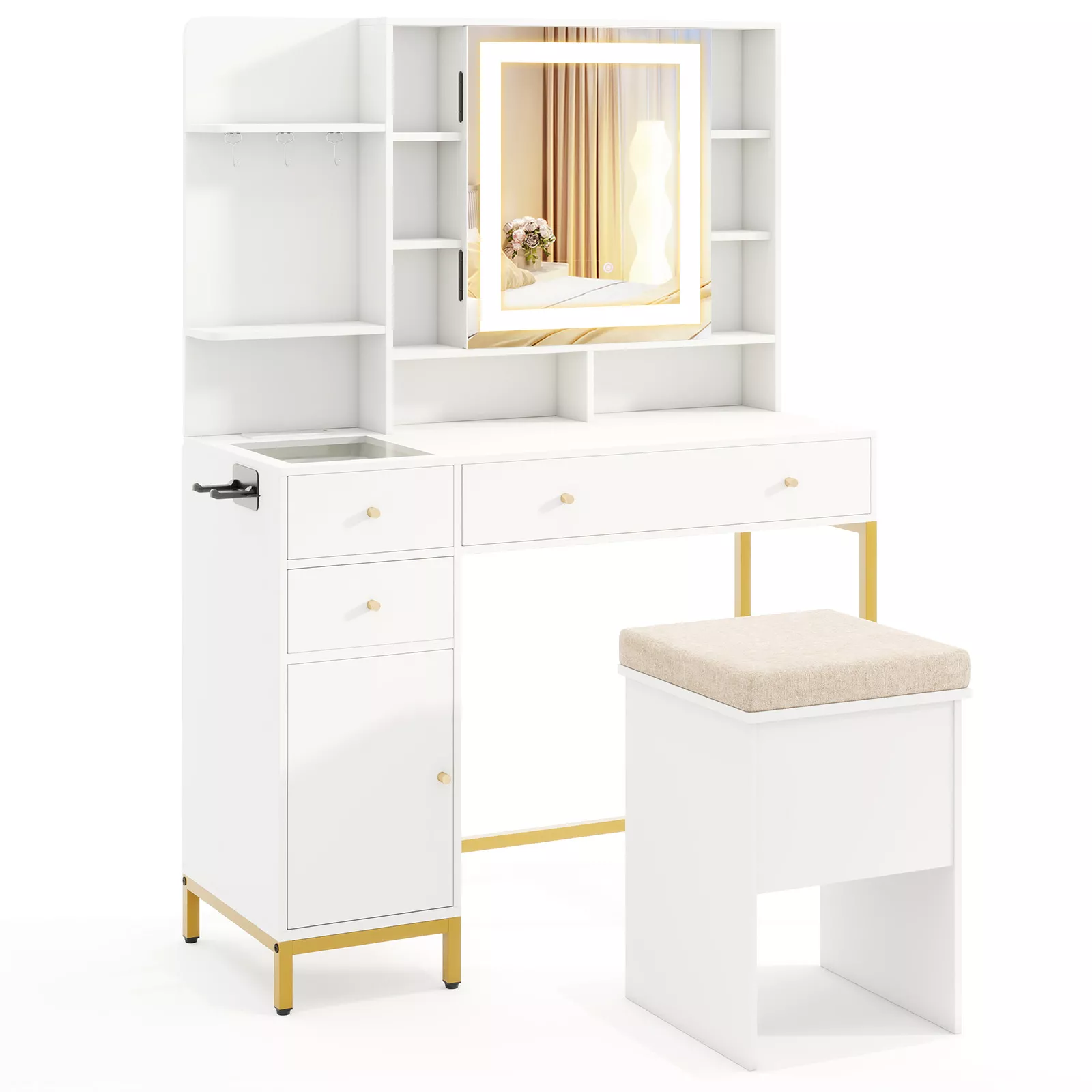 Vanity Dressing Table Set with Stool 3 Lighting Modes and Storage Cabinet
