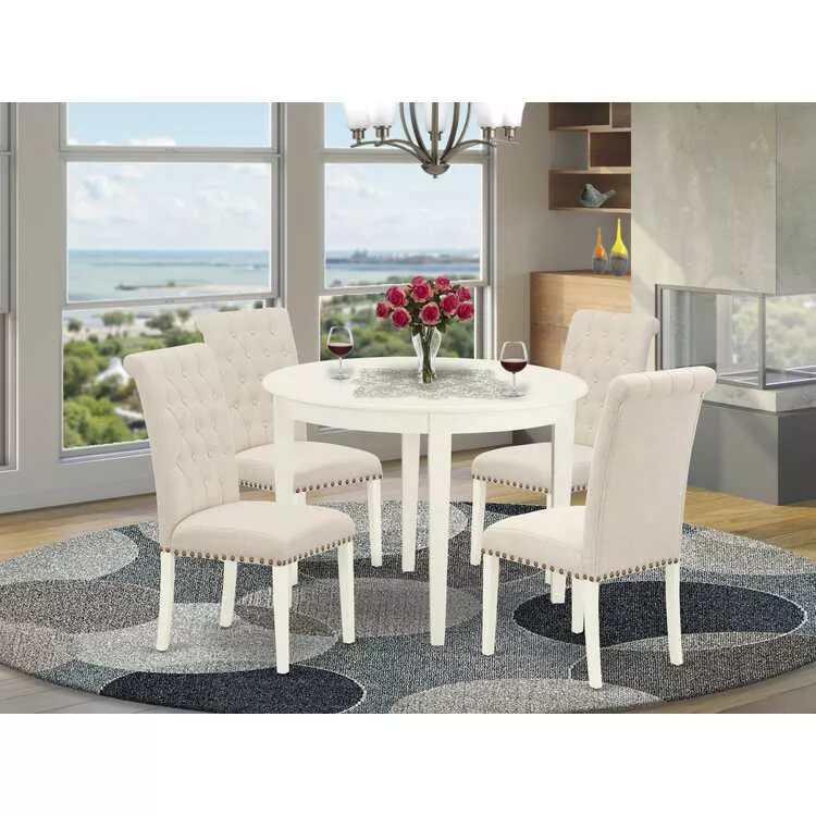 White Dining Set with Light Beige Fabric 5Pc Table & Chairs