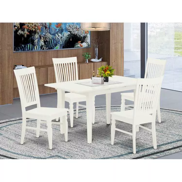 White Modern Dining Set Slatted Chairs Butterfly Leaf Table 5-Piece