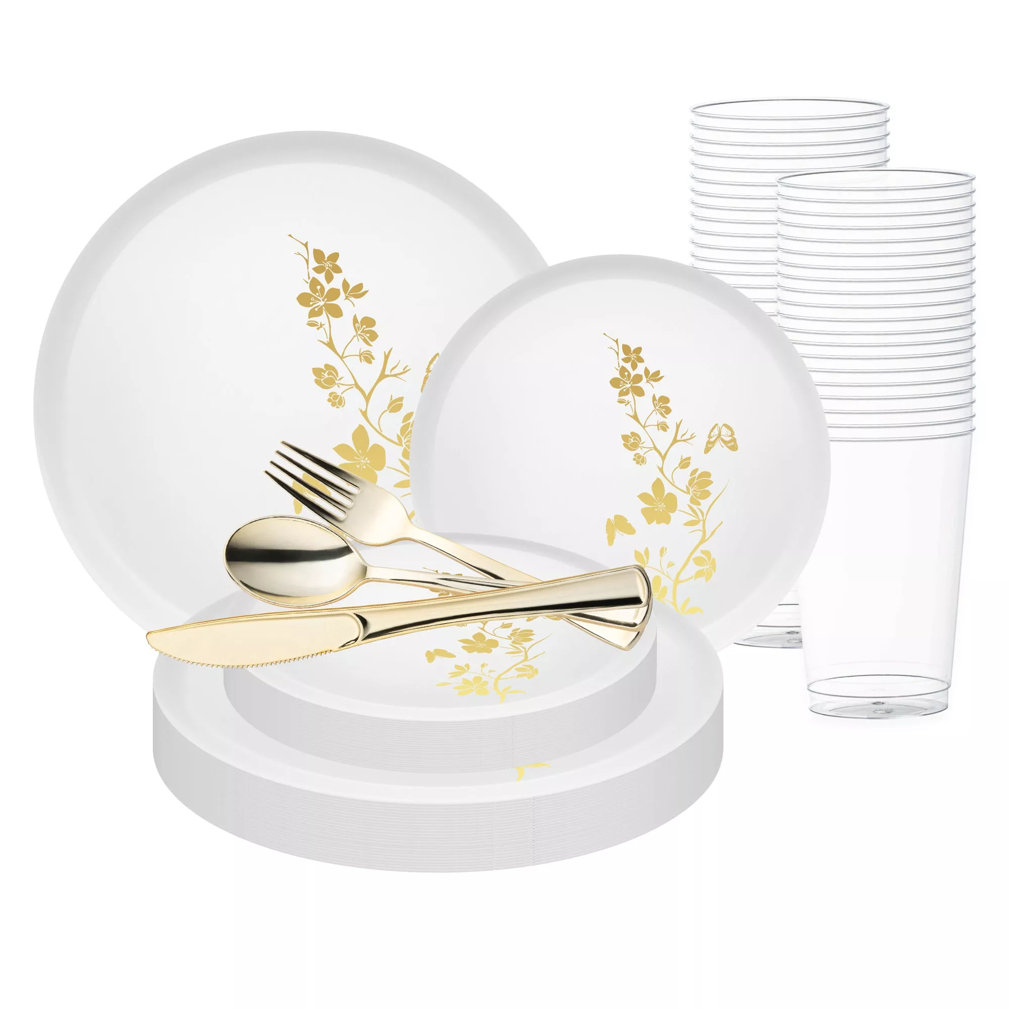 White with Gold Floral Plastic Wedding Value Set (120 Sets)