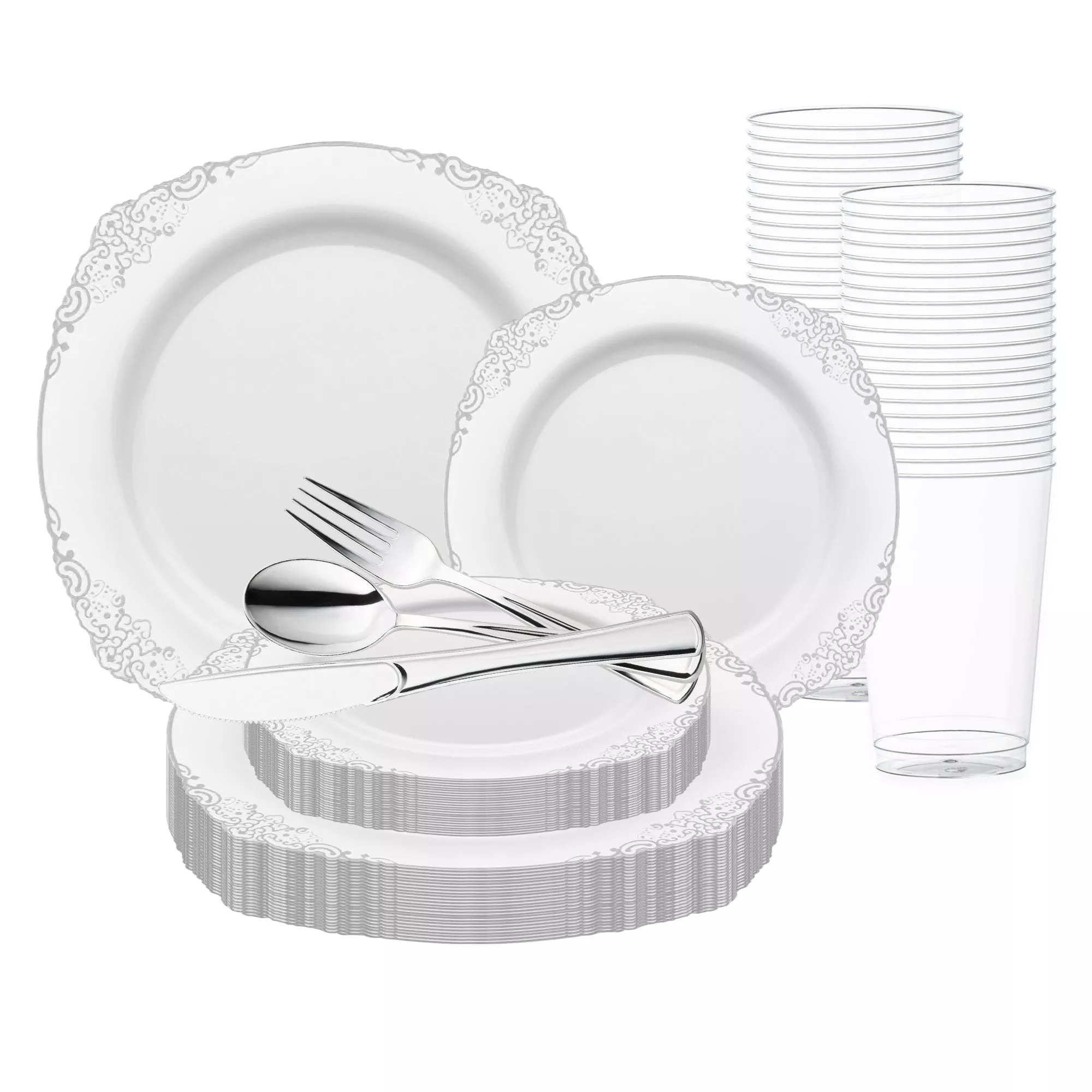 White with Silver Fancy Round Plastic Wedding Value Set (30 Sets)
