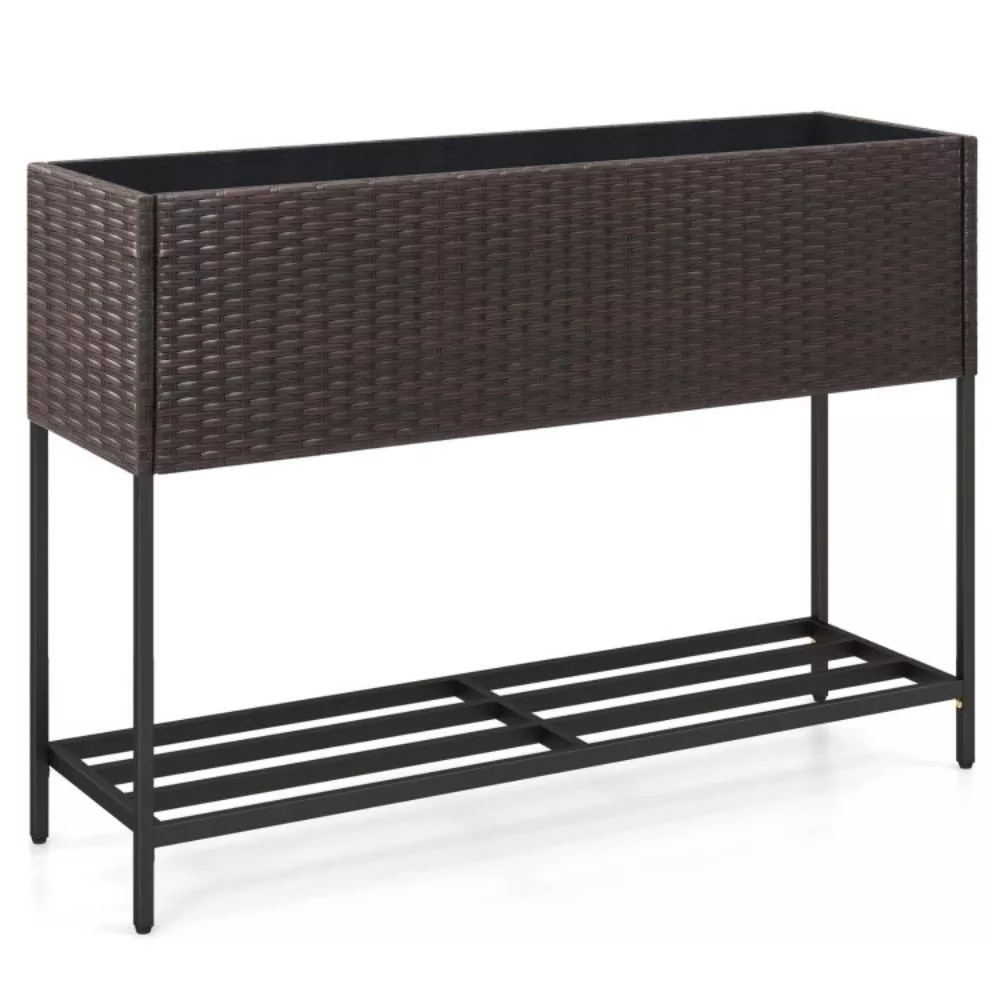 Wicker Raised Garden Bed with Storage Shelf and Drainage Gaps for Flowers