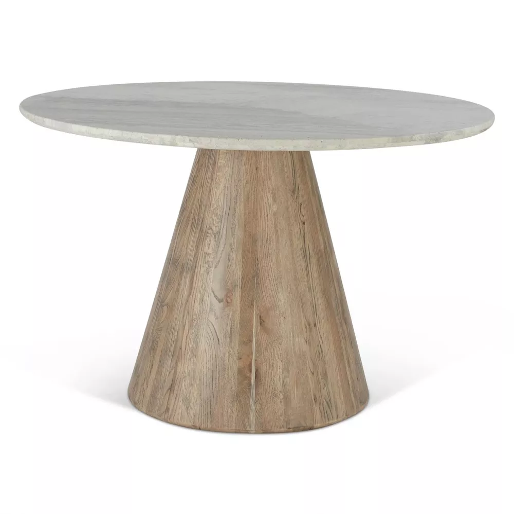 World Interiors Caldera 48" Round Dining Table in White Travertine and Light Oak