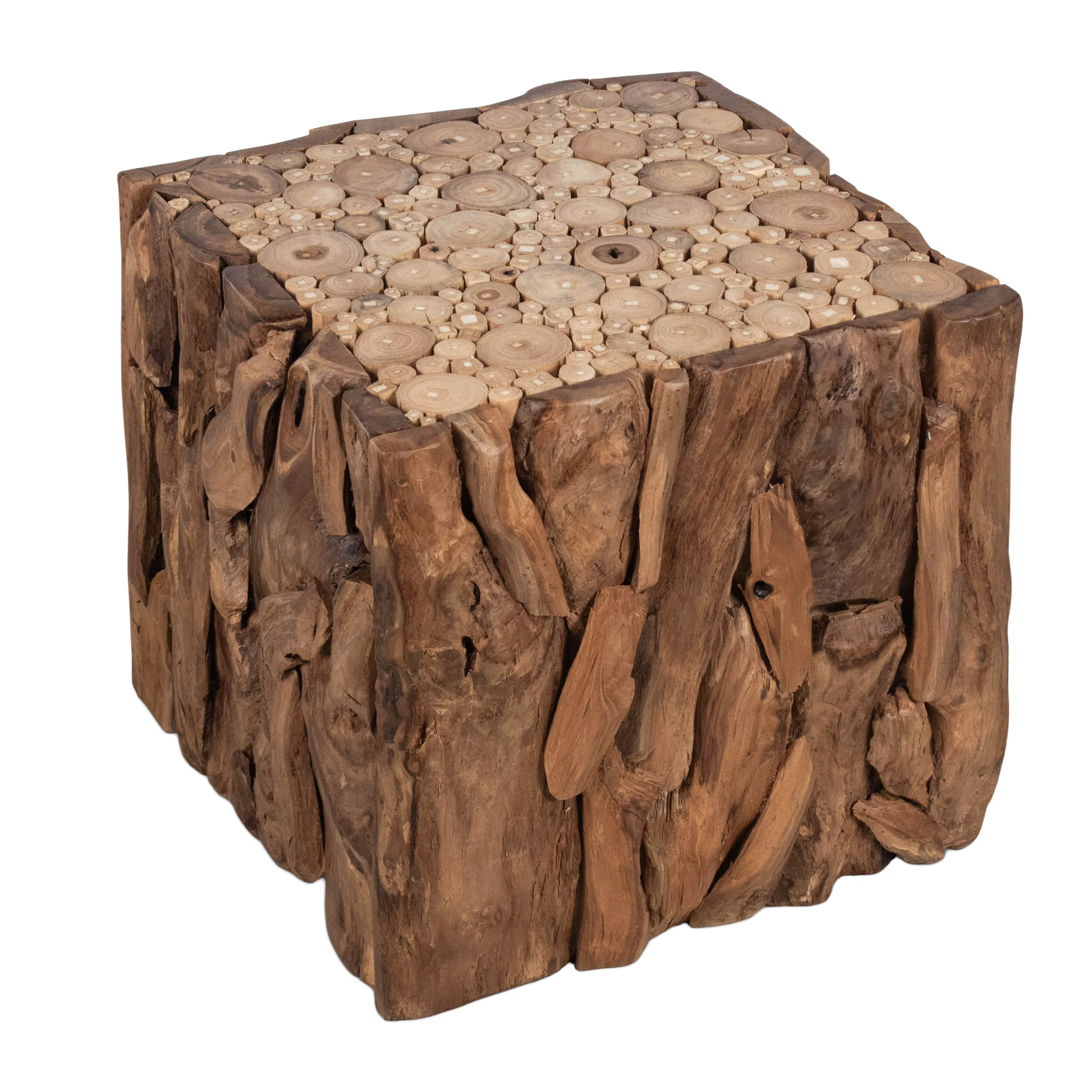 Zisa Teak Root Side End Table, Rustic Natural Brown Wood Bunching Cube, 17 Inch
